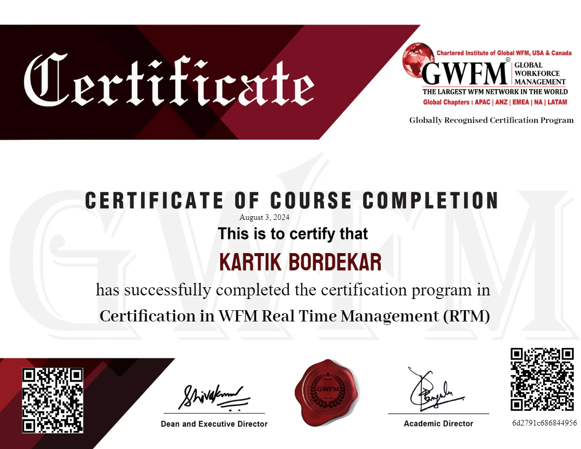 Certification in WFM Real Time Management (RTM)